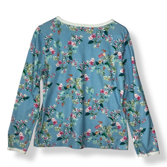 Garnet Hill M 100% Cotton Asian Wrap Pajama Set Blue Floral Long Sleeve Pants - Picture 4 of 15